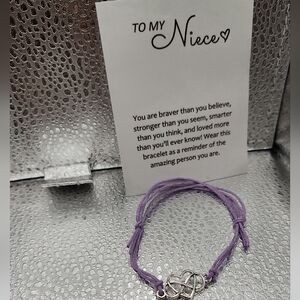 NWOT Silver Heart Knot Bracelet with Purple Cord For A Niece